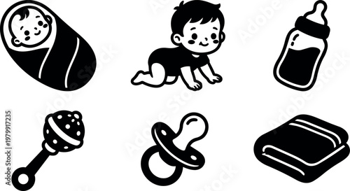 Black and white vector icons of newborn baby crawling bottle pacifier and blanket