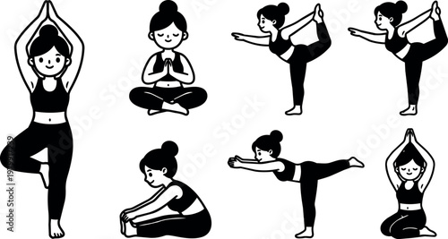 Woman in various yoga poses with bun hairstyle