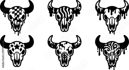 Black and white dripping cow skulls with decorative patterns vector art