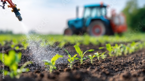 Tractor spraying water on young crops in a field