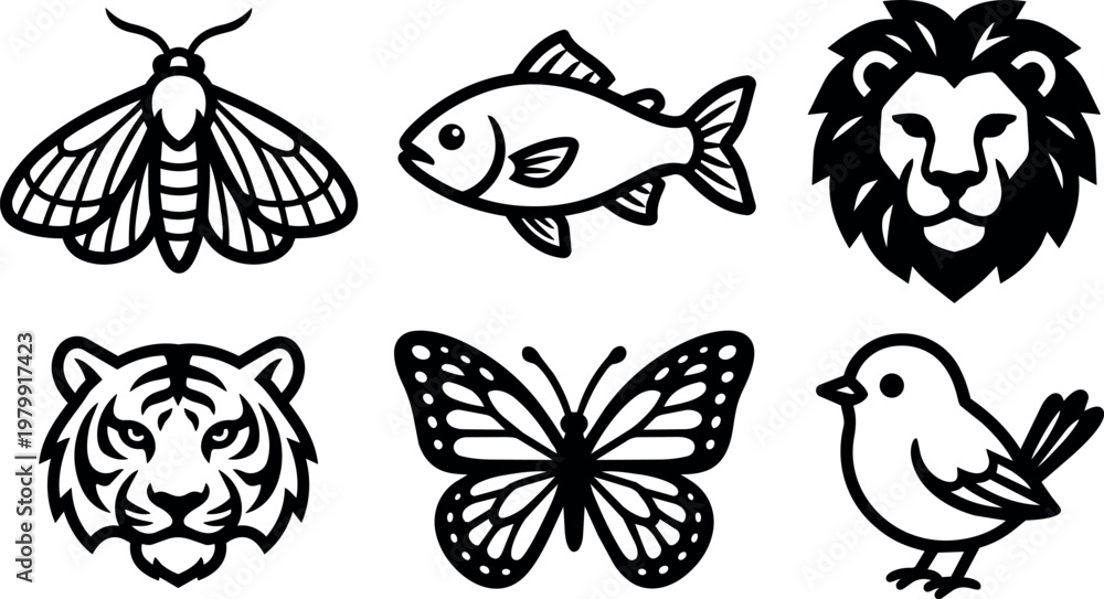 Fototapeta premium Black and white line art animal heads and insect icons moth fish lion tiger butterfly bird