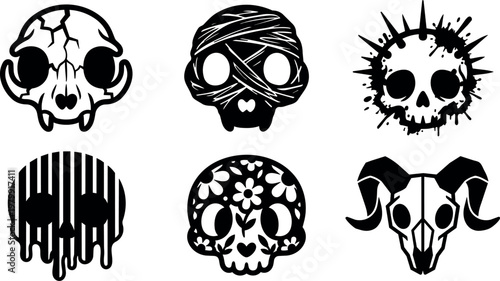 Black and white skull icons including cracked cat skull mummy and floral sugar skulls