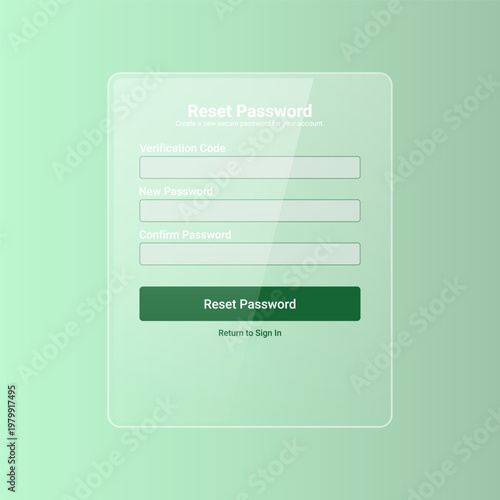 Reset Password UI with Verification Code Input, Secure Account Recovery Form, Modern Glassmorphism Interface Design