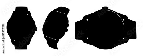 Smartwatch set with sleek black silhouette on white background featuring wearable technology, timekeeping, digital display with smartwatch and sports