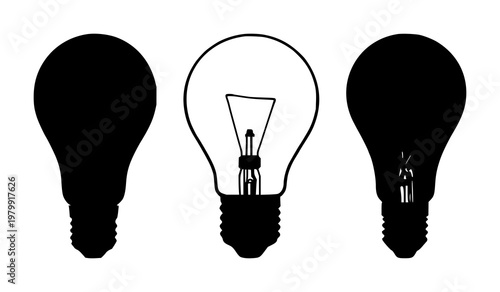 Light bulb set with glowing black silhouette design featuring electric, energy, power with innovation and creativity