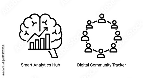 Smart analytics hub and digital community tracker icons with analytics, analysis