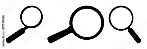 Magnifying glass set with black silhouette on white background featuring search, inspection, close‑up lens with magnification and focus