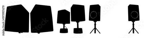 Speakers set with black silhouette against white background featuring audio, speakers, sound with volume controls and headphones