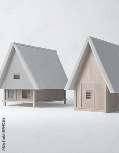 Two minimalist A-frame cabin models on a white background.