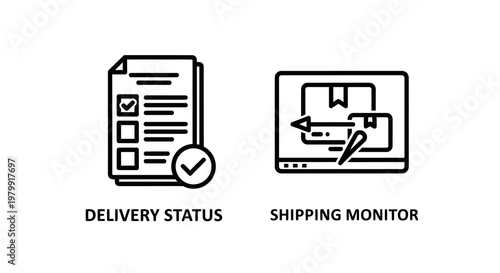 Delivery status checklist and shipping monitor icons with delivery, checklist