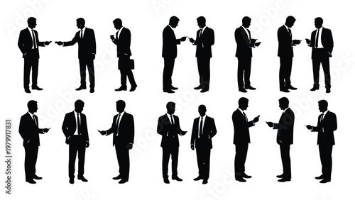 A collection of silhouetted businessmen in suits interacting gesturing and holding mobile phones in various poses high quality professional detailed modern