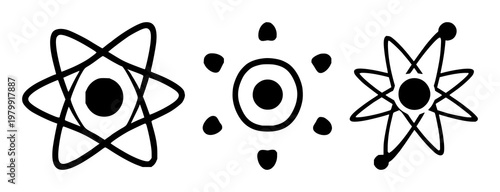 Atom set with simple black silhouette on white background featuring science, physics, chemistry with black line art and vector