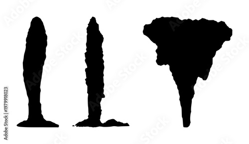 Geyser set with black silhouette and white background featuring eruption, nature, water with steam and hot spring