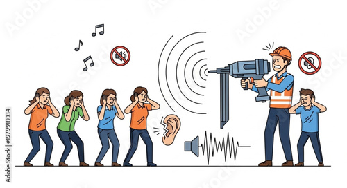 Worker uses loud drill causing discomfort to people nearby.