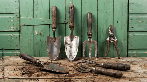 A rustic collection of weathered gardening tools including shovels forks and pruners displayed against a vintage wooden background