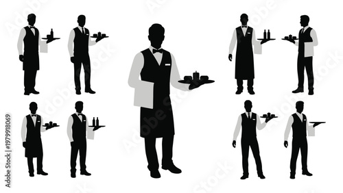 A collection of silhouette figures depicting waiters presenting trays with food and drinks in formal attire high quality professional detailed modern