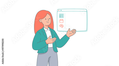 Woman presents a blank screen, explaining technology or software features. Suitable for tech presentations, software demos, or education materials.