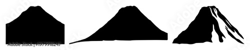 Volcano set with black silhouette on white background featuring volcano, silhouette, white background, black line, ash plume with triangular shape and volcano cone