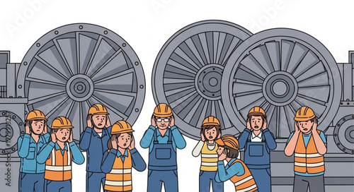 Workers covering ears due to loud industrial noise.