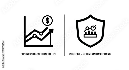 Business growth insights and customer retention dashboard icons with business