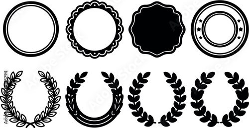 Black and white vector laurel wreaths and round frame badges set