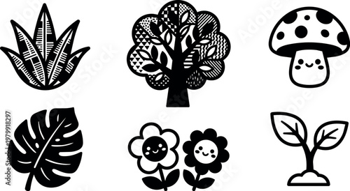 Black and white cute plant icons mushroom flower leaf tree aloe