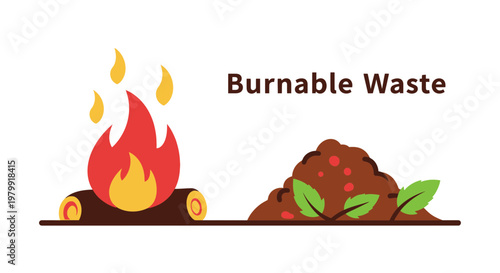 Burnable waste concept: campfire and compost pile, representing waste management and recycling