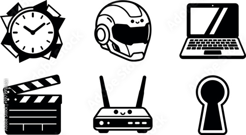 Black and white vector icons of clock helmet laptop movie clapper router and keyhole