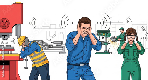 Workers covering ears from loud industrial noise in factory setting.