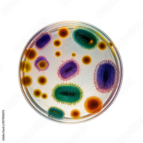 Colorful microbial colonies in petri dish isolated on transparent background