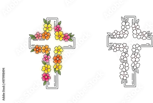 Christian Floral Cross Illustration Set with Watercolor Style and Black and White Line Art Outline for Easter, Faith, and Coloring Page Design Elements