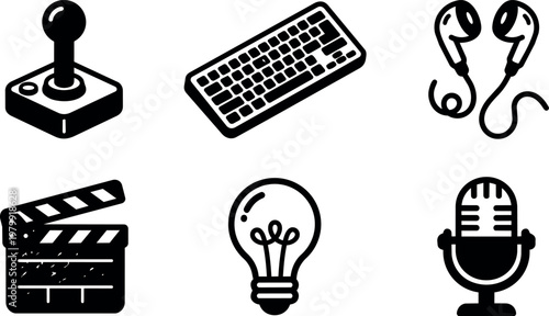 Video clapper joystick keyboard earphones light bulb and microphone icons