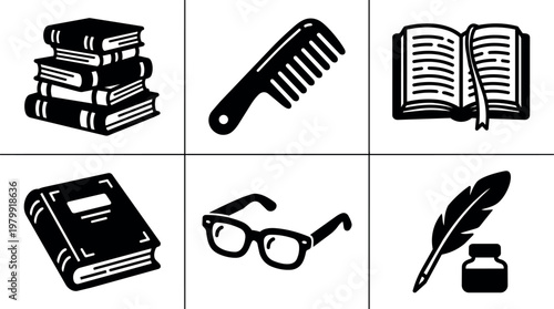 Black silhouette stack of books comb open book glasses feather pen ink bottle vector art