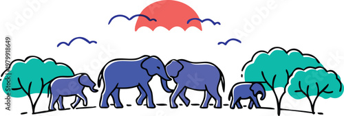 Three elephants on a green field at sunset with blue birds flying and trees around them