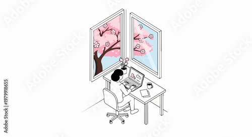 Woman Working at Home Office Desk with Laptop and Cherry Blossom Window View, Isometric Minimalist Illustration