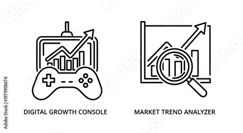 Digital growth console and market trend analyzer icons with analyzer, controller