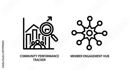 Community performance tracker and member engagement hub icons with community
