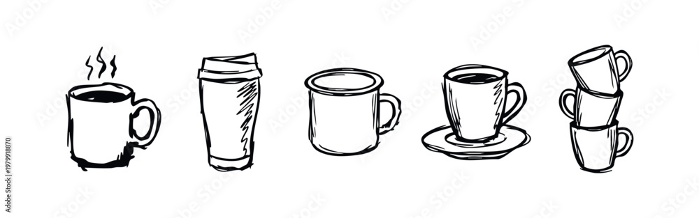 Obraz premium Drawn coffee cups and mugs, hot drinks assortment