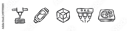 3D Food Printing Process Icons, Hand-Drawn Sketch Style