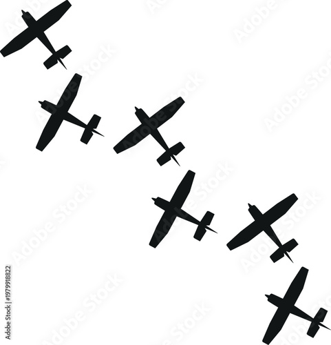 Airplane Silhouette Formation Set. Minimalist Black Plane Vector Outlines for Aviation, Travel, Air Show, and Flight Concept Illustrations. Isolated Propeller Aircraft