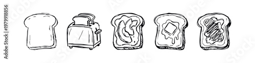 Breakfast Toast and Toppings Icons, Hand-Drawn Sketch
