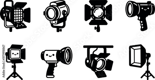 Black and white vector flat design of studio and handheld photo lighting equipment