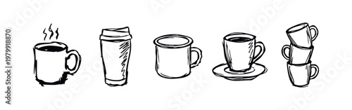 Drawn coffee cups and mugs, hot drinks assortment