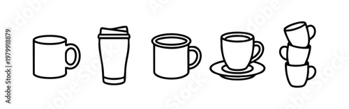 Line art coffee cups and mugs, modern drink icons