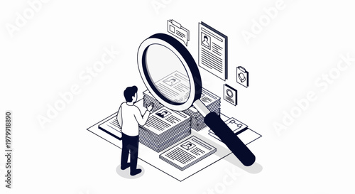 Isometric Illustration of HR Manager Recruiting Candidates and Screening Resumes with a Magnifying Glass for Talent Acquisition and Hiring Process