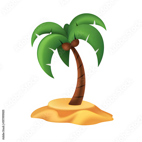 A single palm tree standing on a small sandy island isolated on transparent background
