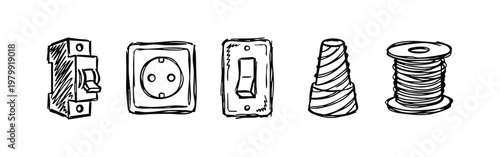 Electrical Components Icons (Sketch): Breaker, Outlet, Switch, Wire Cone, Wire Spool