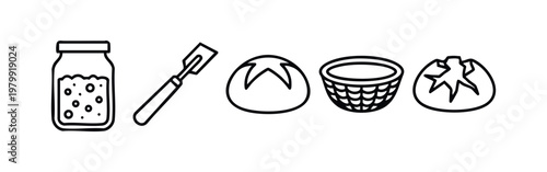 Baking and Cooking Icons (Clean Lines): Jar, Spatula, Bread, Basket, Crumb