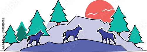 Minimalist mountain landscape with silhouettes of howling wolves under sun among pine forest