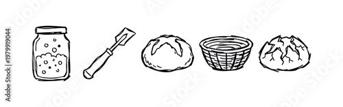 Baking and Cooking Icons (Sketch): Jar, Spatula, Bread, Basket, Crumb